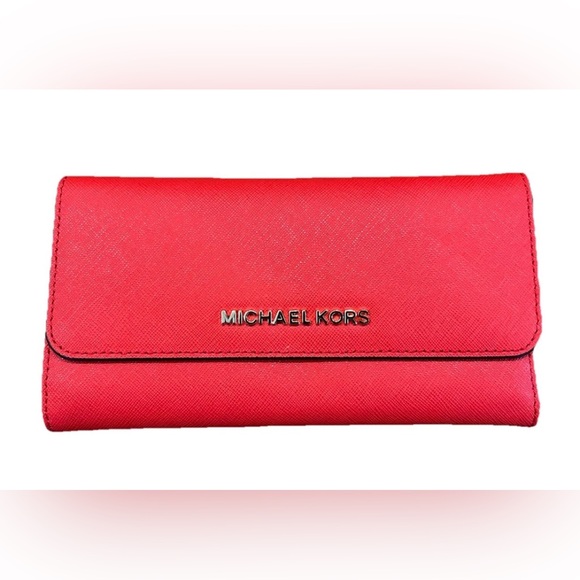 Michael Kors Jet Set Travel Trifold Wallet Womens Women Red - Picture 1 of 7